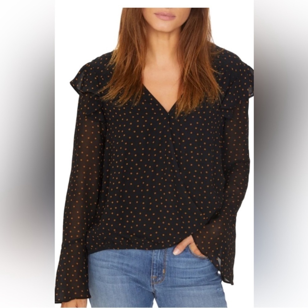 Sanctuary Black Polka Dot Ruffle Blouse Small Sheer Sleeve V Neck Top